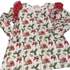 Festive Christmas print Kids Holiday Shirt with Red and Green Accents size 10-12
